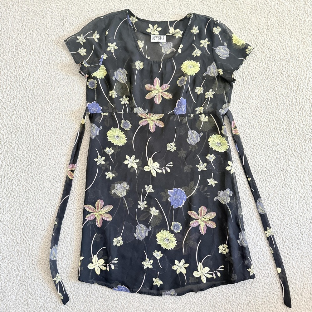 Y2K Milkmaid Top Medium Black Sheer Floral Belted Fairy‎ Grunge Whimsigoth